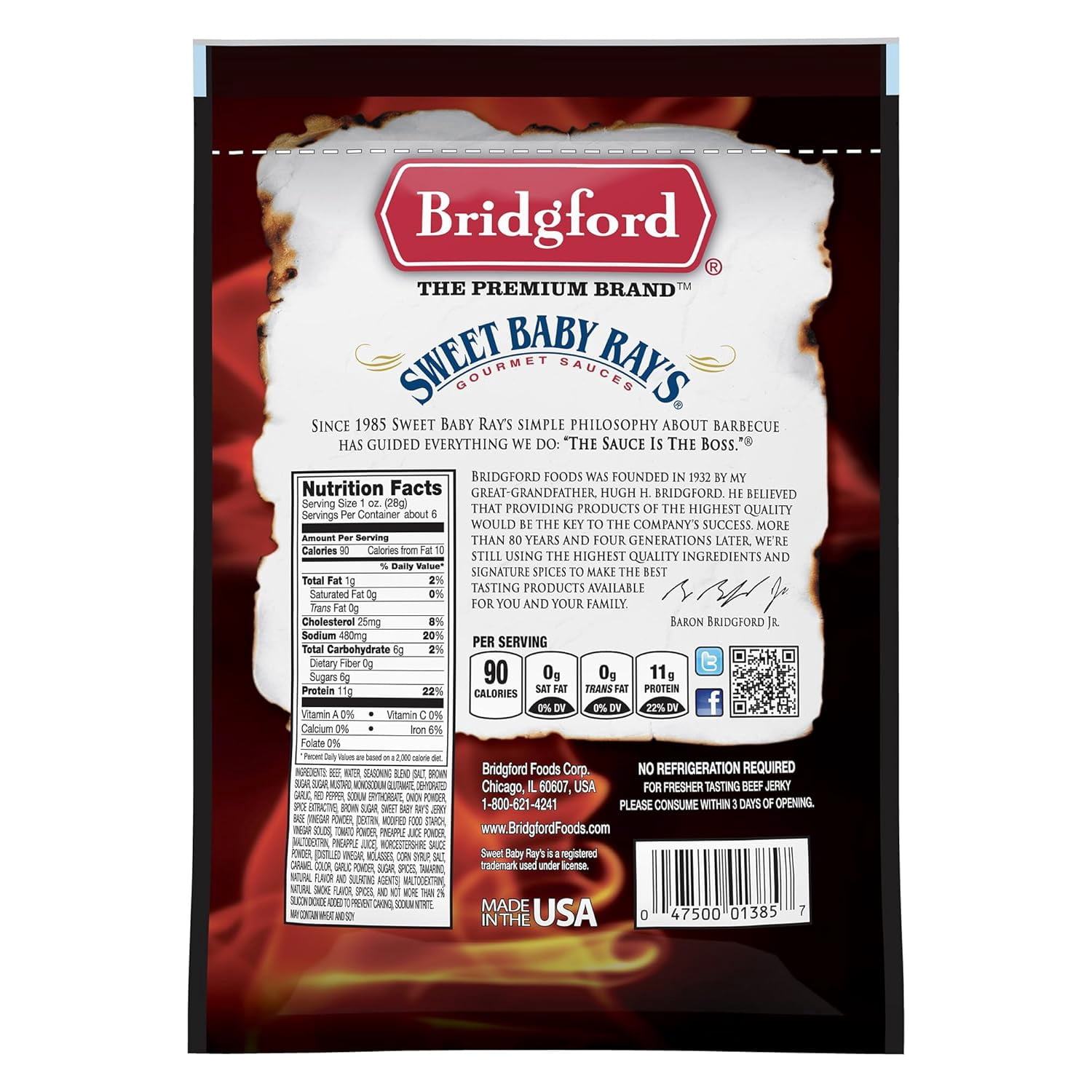 Bridgford Sweet Baby Ray’s Beef Jerky Original 6.2 oz Pack of 6