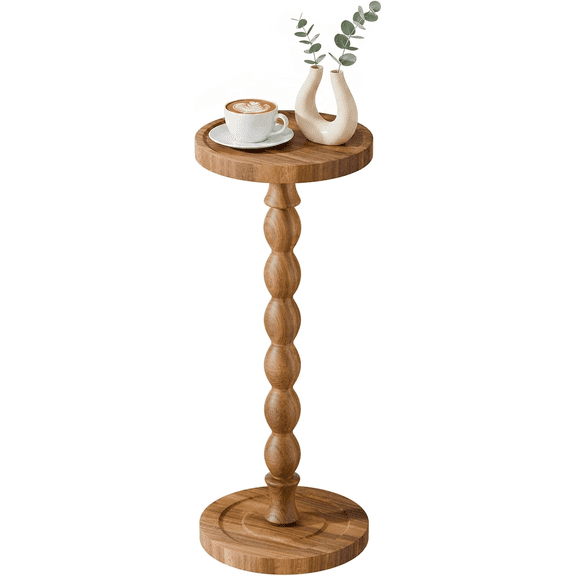 Small Round Side Table, Acacia Wood Drink Table for Small Spaces, Modern Accent Tables, Pedestal Coffee End Tables with Solid Wood Leg for Living Room, Bedroom, Sofa Couch (Acacia, 9.4 inch)