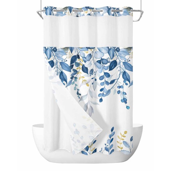No Hook Shower Curtain with Snap-in Liner, Blue Eucalyptus Waterproof Fabric Bathroom Curtains, Watercolor Spring Weeping Botanical Bath Curtains & Mesh Top Window Stand Up Stall 36"x72"