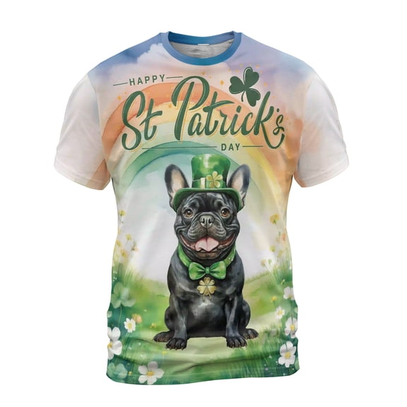 Happy St. Patrick’s Day French Bulldog with Green Hat Shamrocks Rainbow All Over Print 3D Shirt Unisex Merch Dog Lover Gifts - 03007