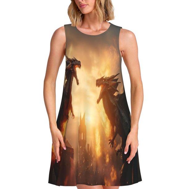 Disketp Castle Cool Fire Dragon para Vestido sin Mangas para Mujeres, Vestidos de Verano para Mujeres, Casual y Holgado para la Playa