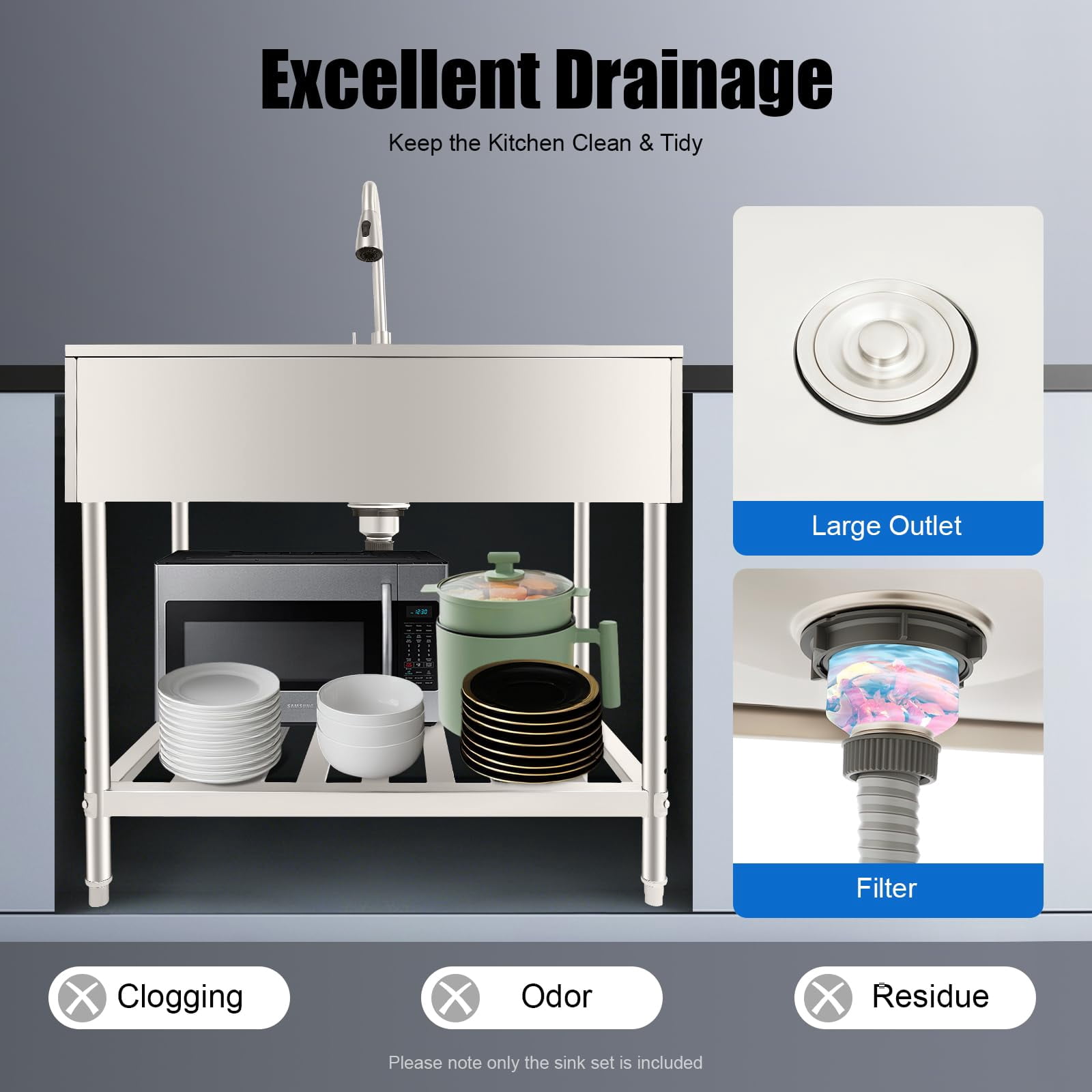 Miumaeov Utility Sink Free Standing, 35.8" Stainless Steel Utility Sink Single Bowl, Laundry Sink with Hot/Cold Faucet, Garage Sink Commercial Grade, Laundry Tub for Home Kitchen Bathroom