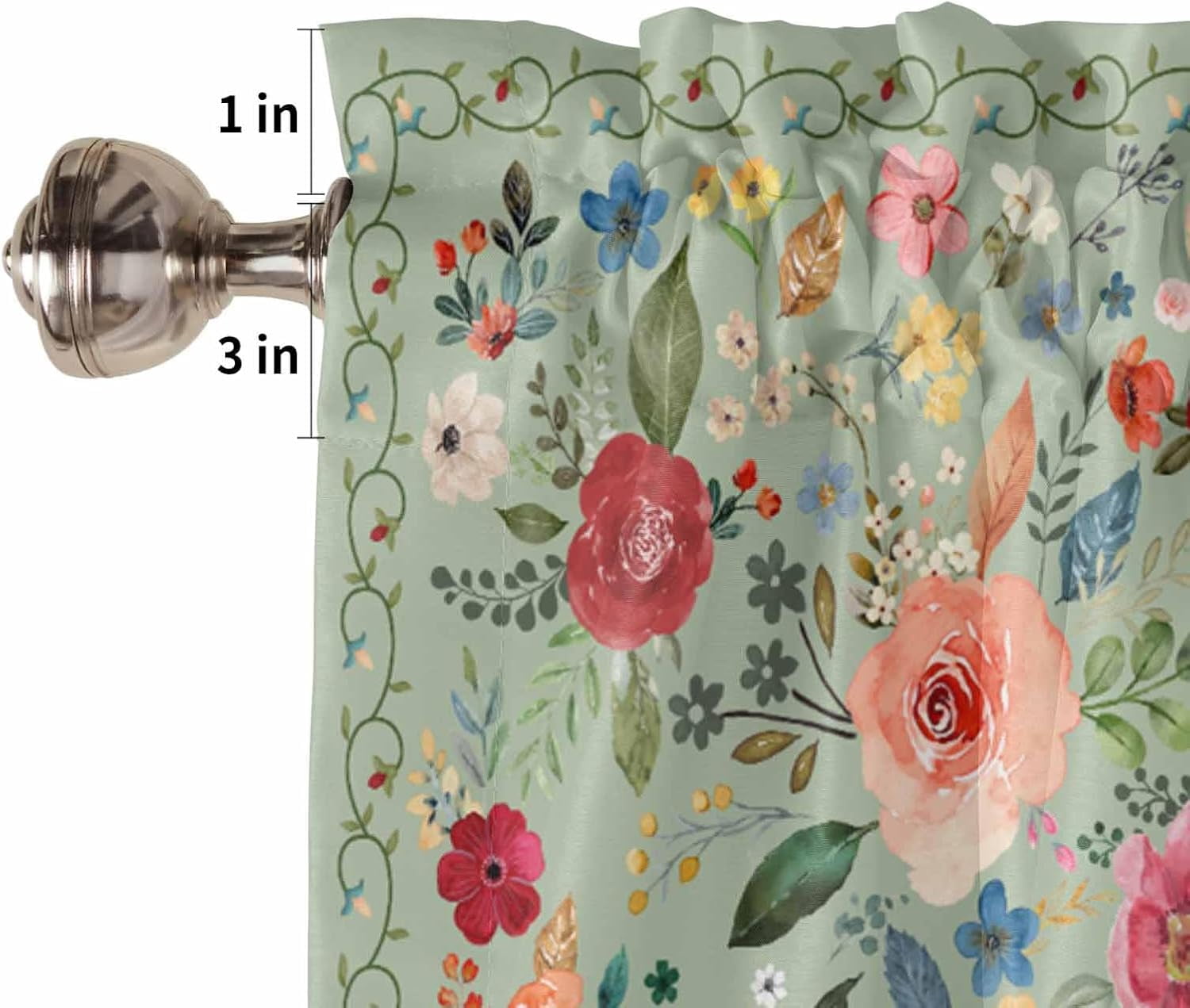Flowers Sage Green Kitchen Curtains and Valances Set, Rod Pocket Curtains Tier Farmhouse Window Curtains 24 Inch Length, Botanical Colorful Floral Leaves 3 Piece Kitchen Curtains Set
