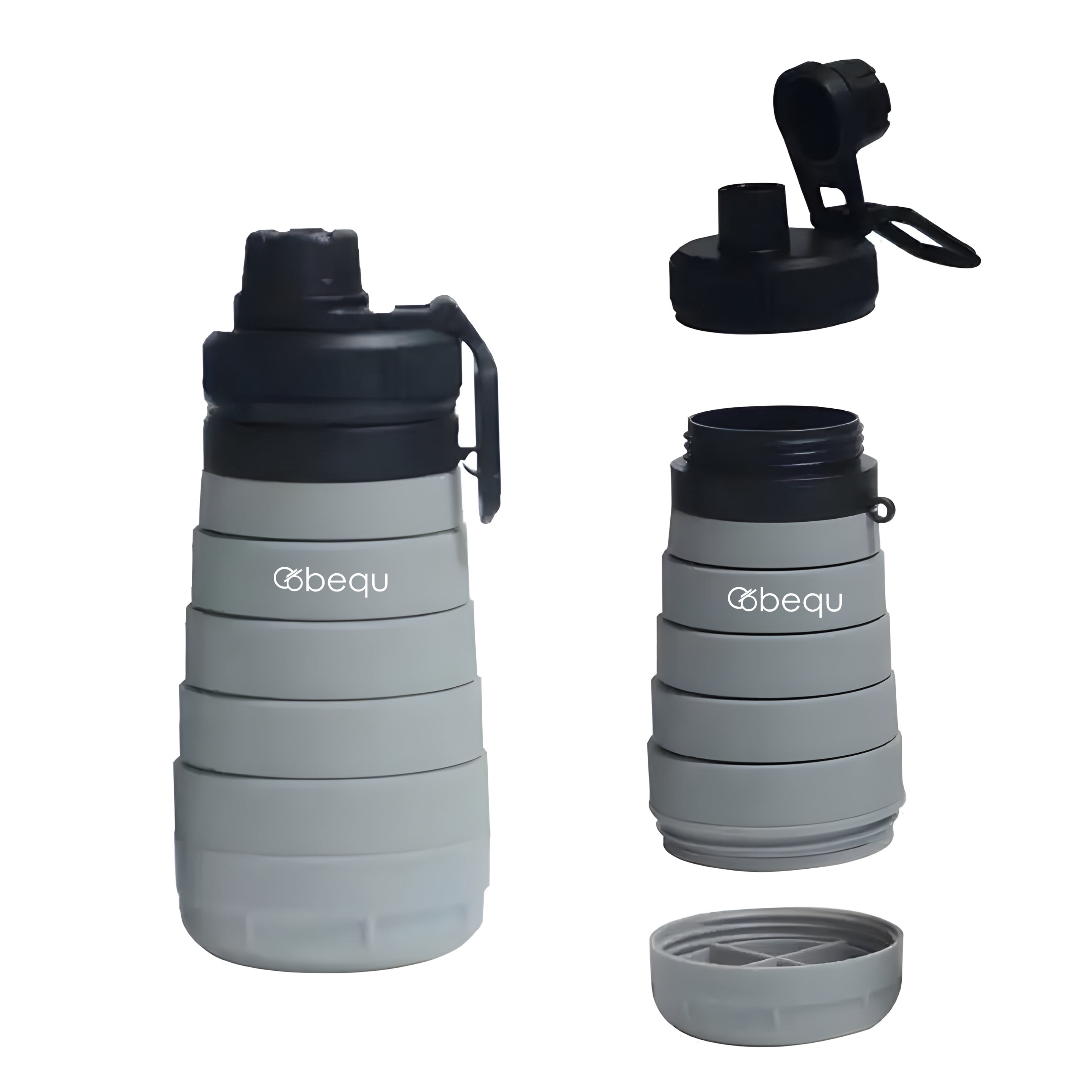 BEQU 750ml/25 Fl Oz Collapsible Silicone Water Bottle with Pills Storage Base, Reusable, BPA Free, Odorless, Dishwasher-Safe, Portable, Leak Proof for Sports Home Travel Office (2PK Black-Gray)