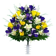 Sympathy Silks Artificial Cemetery Flowers Yellow Tulips/Purple Iris Bouquet & Saddle