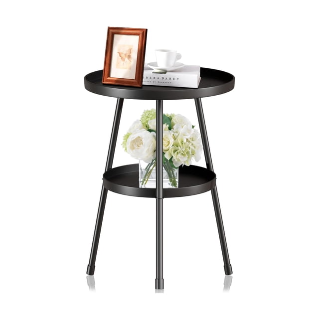Mesa auxiliar SYQ, mesa de centro redonda de metal de 2 niveles, 50 cm, color negro