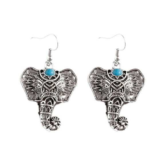 CILENON Dangle Turquoise Animal Pendant Elephant Earrings Vintage Silver Ethnic Earrings Earrings (Silver,One Size)