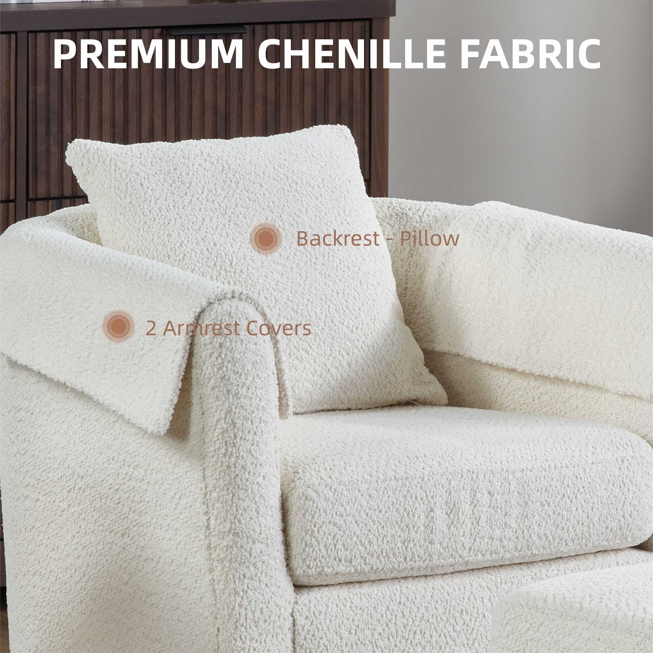 Avobird Living Room Chair With Ottoman Set, Chenille Barrel Armchair with Removable Back Pillow & 2 Armrest Covers, Beige