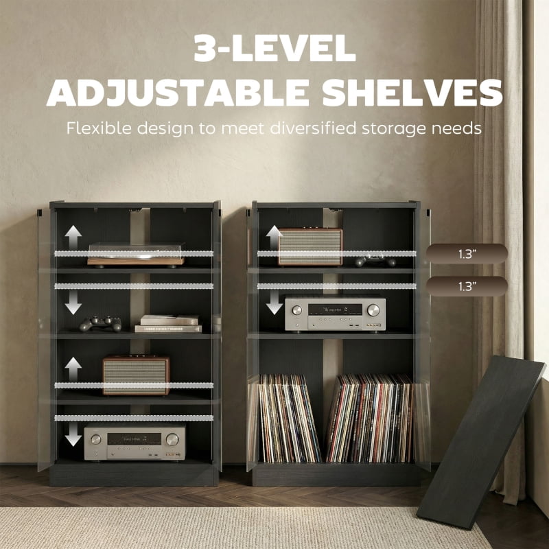 Alvantor 4-Tier Hi-Fi Storage Stand with Glass Doors & Adjustable Shelves 21.3x15.7x35.8 Black