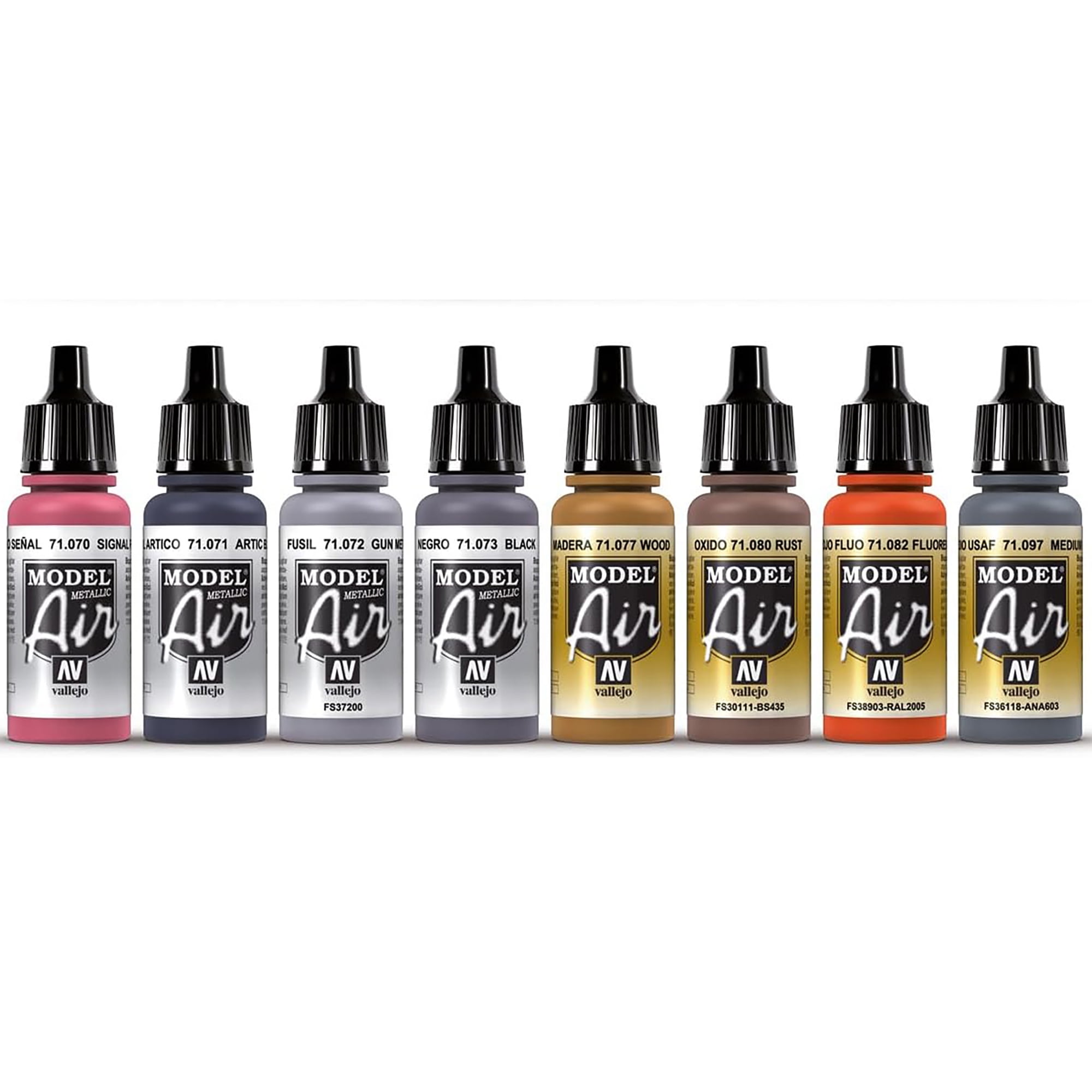 Vallejo Paints: Model Air Color Set - Metallic Effects - 16 Paint Colors - 18ml (.60oz) Bottles, Acrylics For Modeling & Miniatures, Opaque, Hobby