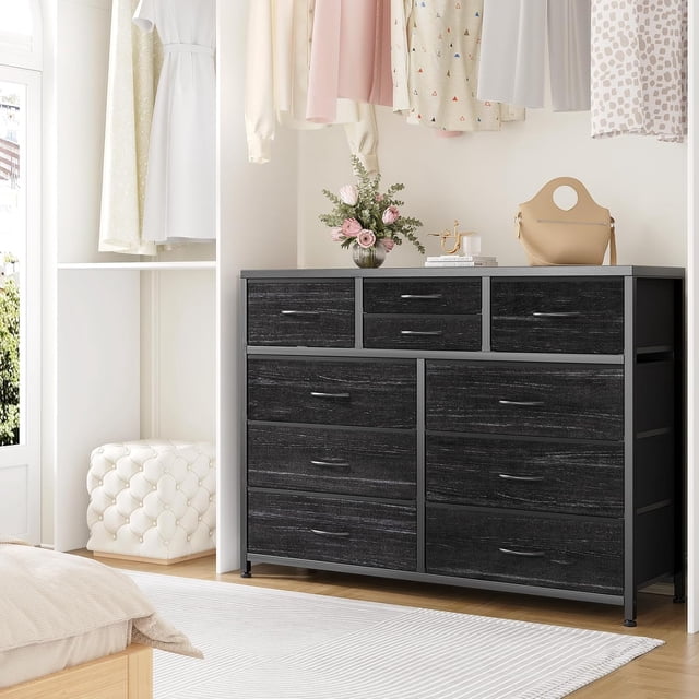 Mesa de TV cómoda con 10 fabric cajones: entertainment center media consola wood top, ample almacenamiento, anti - tip safety, y adjustable feet tvs up to 55 pulgadas. 47.2 - pulgada anchura i...