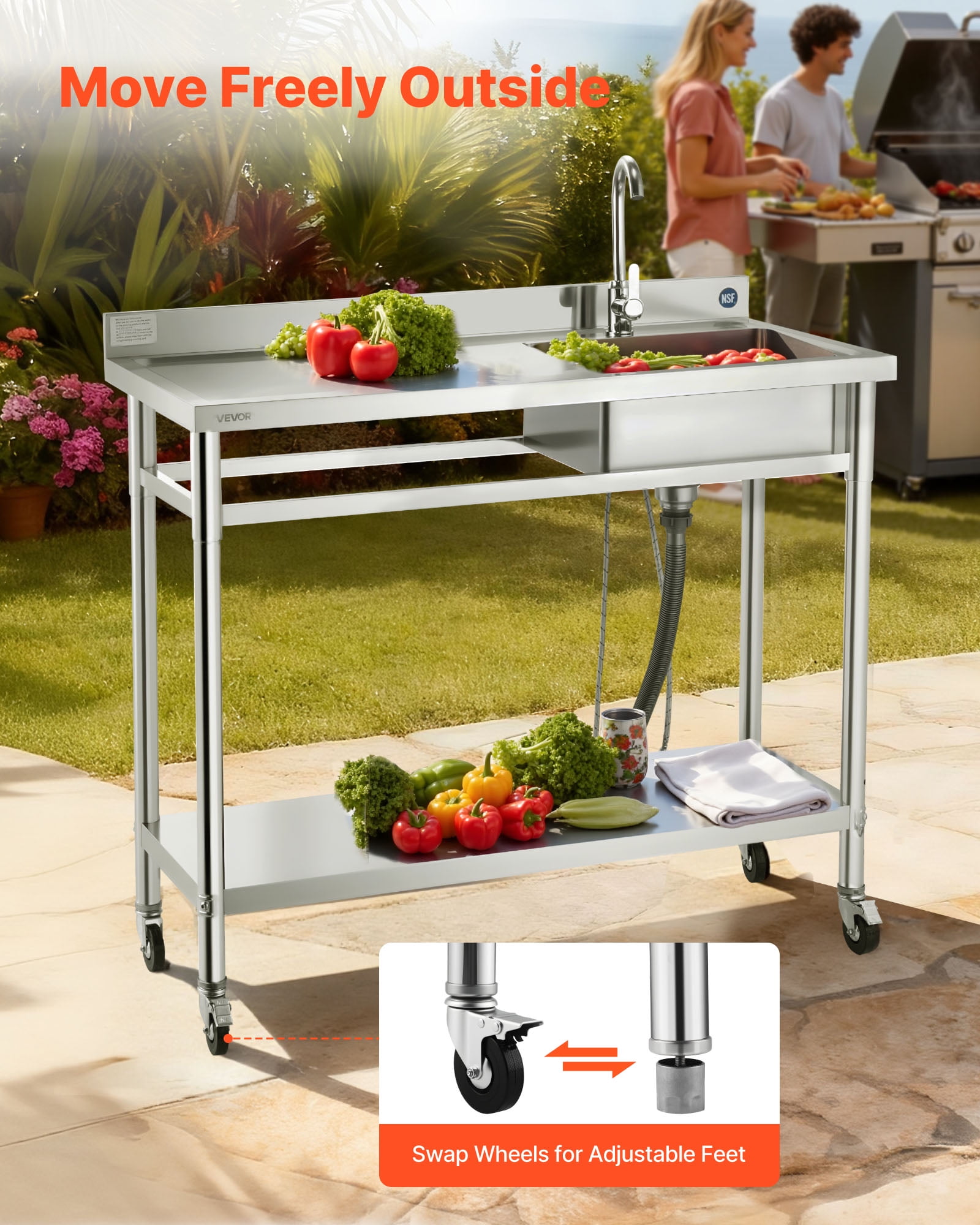 VEVOR Stainless Steel Utility Sink,Rolling Single Bowl Commercial Kitchen Sink with Wheels,Faucet and Hot & Cold Water Pipe,Utility Basin Workbench for Garage Restaurant Laundry 47.2 x 19.7 x 41.5 in
