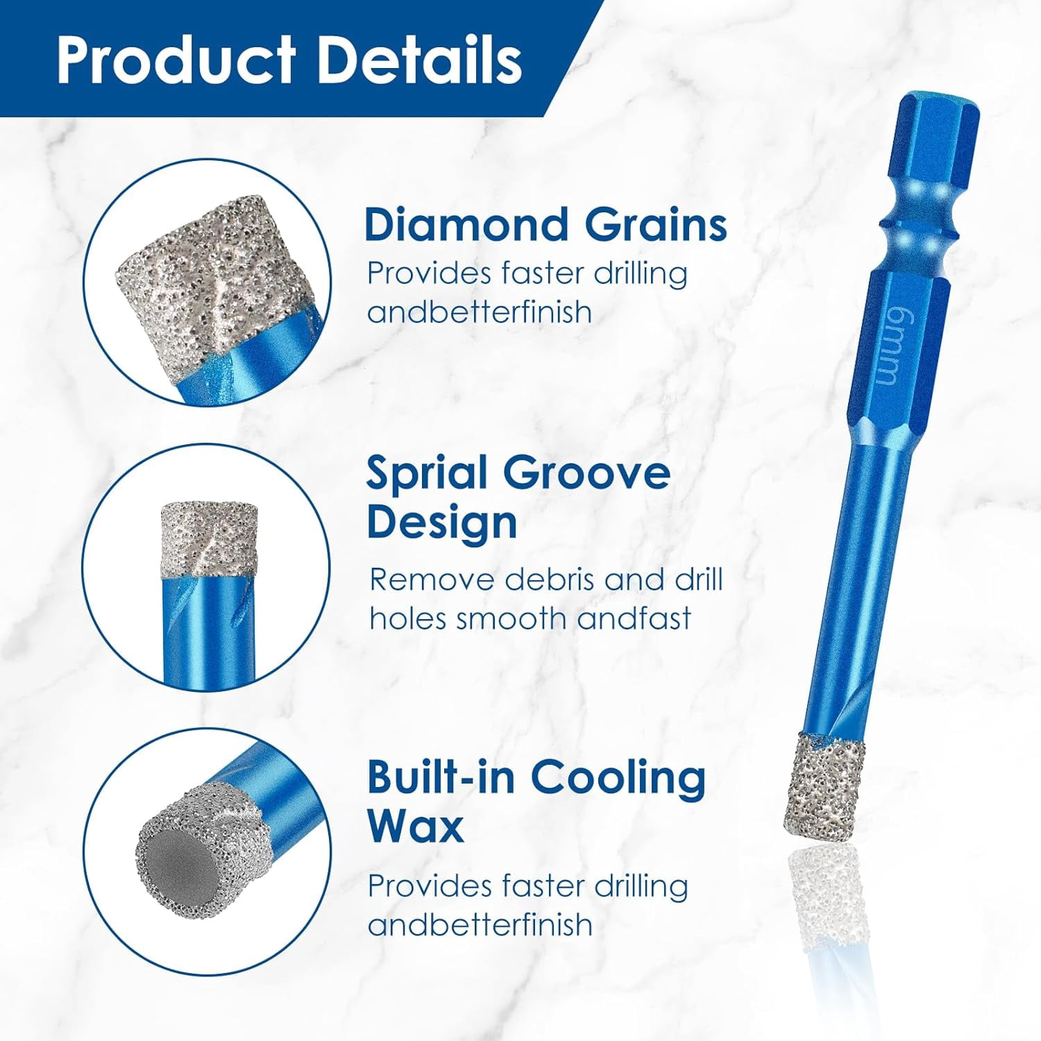 FRKSMD-14 PCS Diamond Drill Bits Set, Dry Diamond Drill Bit Set, Hex Shank Tile Drill Bits for Glass Ceramic Pots Porcelain Tiles Stone - 1/4” 5/16” 3/8” 1/2”, Blue