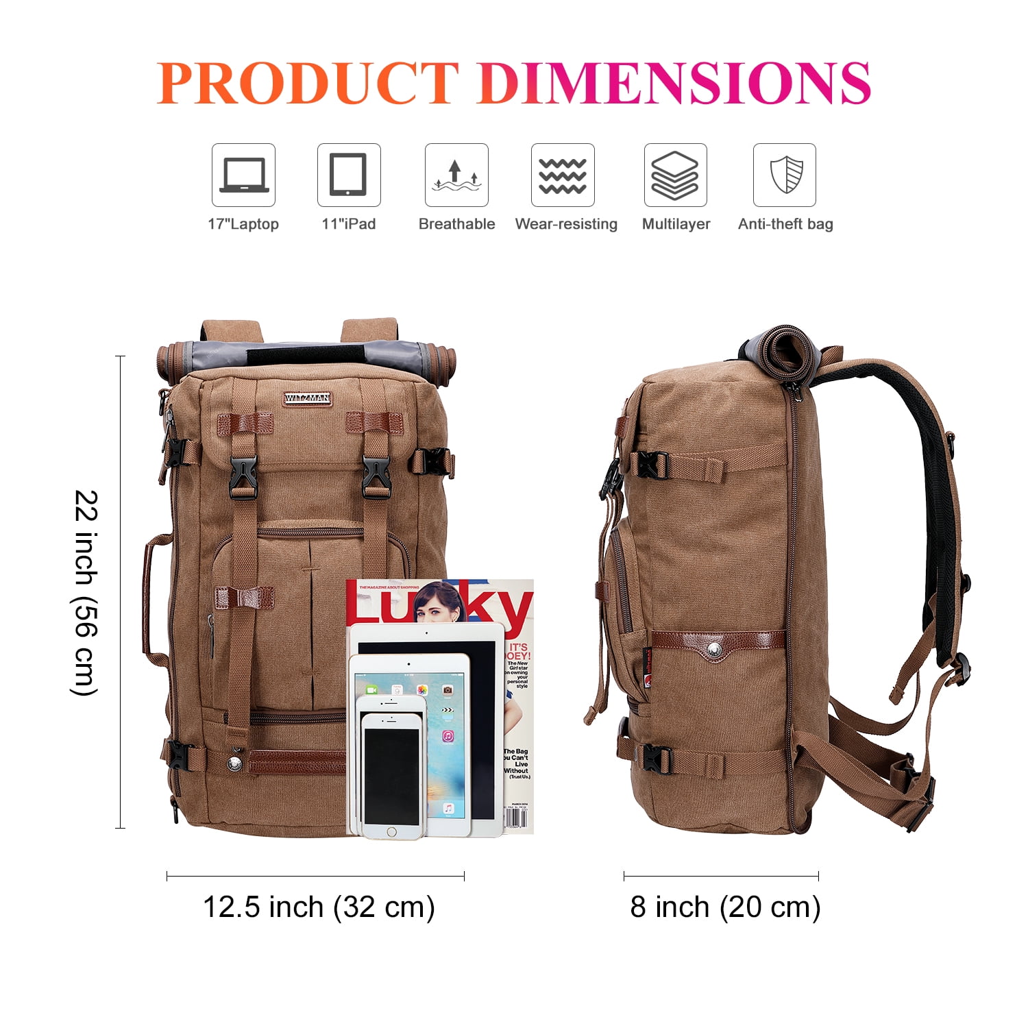 WITZMAN Travel Backpack for Men Large Canvas Backpack Luggage Carry on Duffel Bag A519-1 Brown