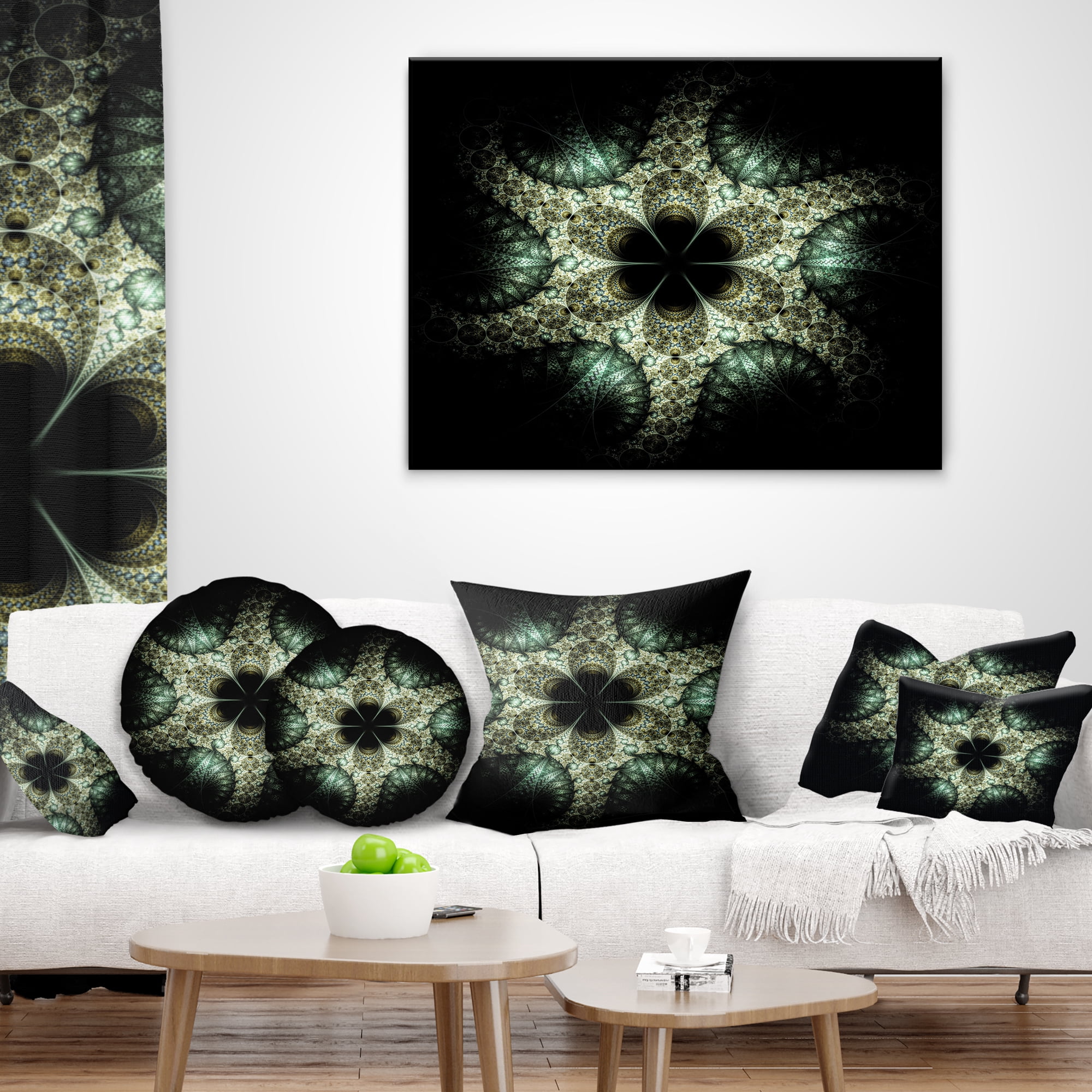 Designart Yellow and Green Fractal Flower - Abstract Throw Pillow - 12x20