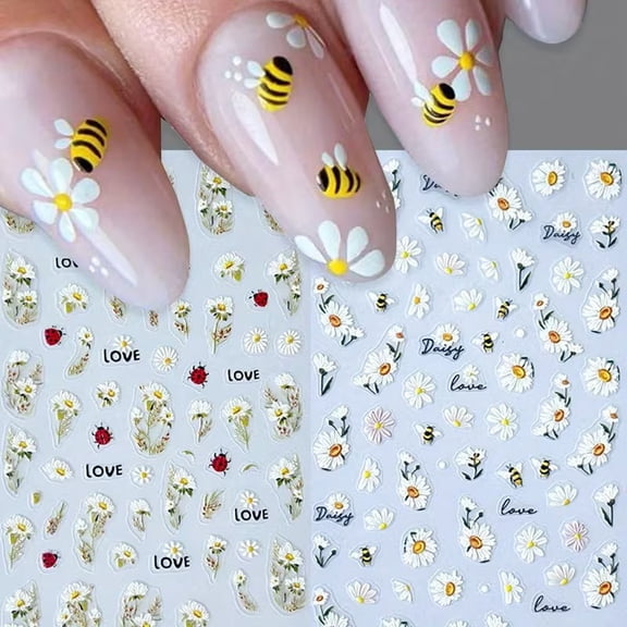 4pcs 5D Cute Bee & Daisy Flower Nail Art Stickers - Summer DIY Nail Wraps for Creative Manicures