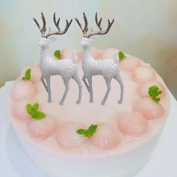 2Pcs Deer Cake Topper Cake Reindeer Statue for Xmas Party Birthday