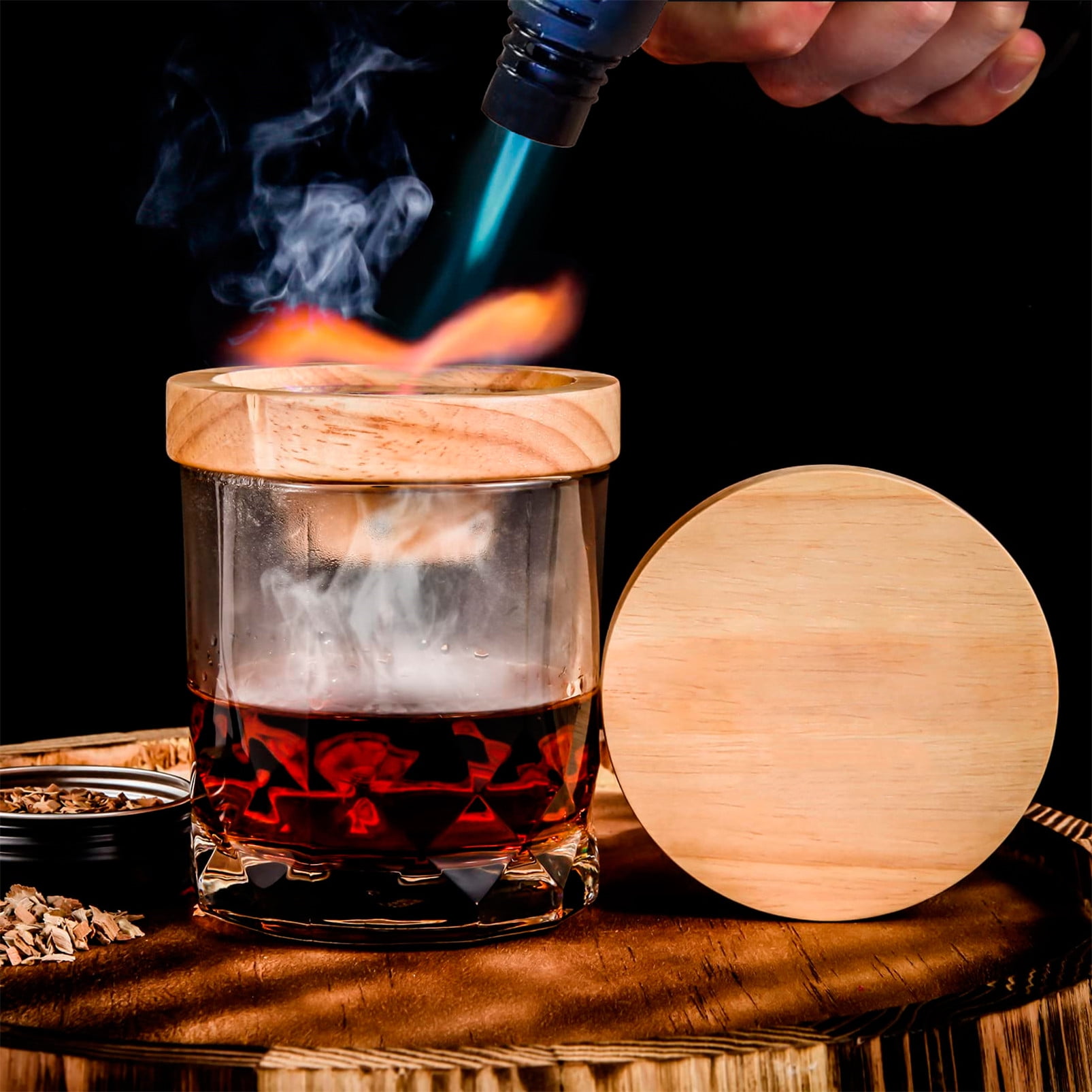Cocktail Smoker Kit with Torch – Old Fashioned Bourbon Smoking Kit, 4 Flavors Wood Chips – Whiskey Smoke Infuser – Gift for Men or Whiskey Lover (No