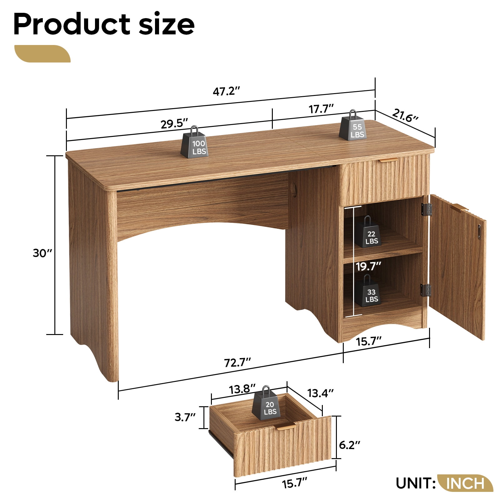 Bestier 47" Computer Desk with Drawer, Modern Home Office Desk with Storage Cabinet, Fluted PC Study Writing Desk for Small Spaces, Brown Oak