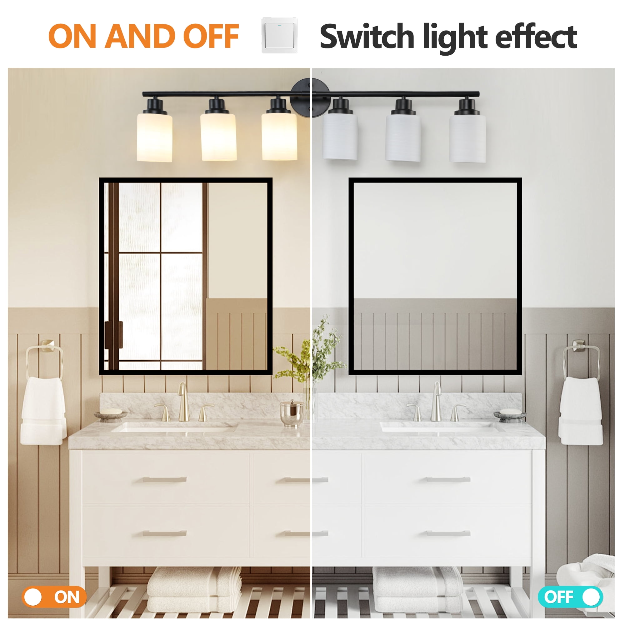 Miniyam Plug in 6-Light Modern Vanity Light, Black Wall Fixture with Frosted Glass Shades, E26 Base