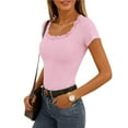 thumbnail image 3 of Women Slim Knit Tops Summer Crew Neck Lace Base Shirt Fashion Short Sleeve Comfy T-Shirt, 3 of 9