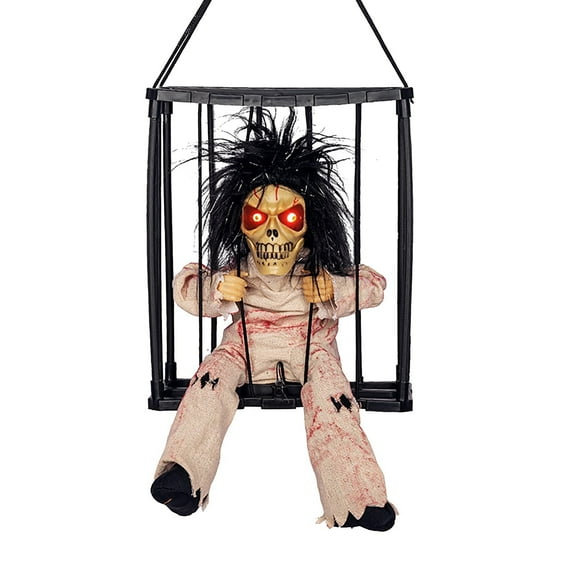 CASAFUN Halloween Hanging Ghosts Halloween Decor Prop with Motion Sensor Scary Skull Cage Prisoner Spooky Hanging Ghost Light Up Eyes