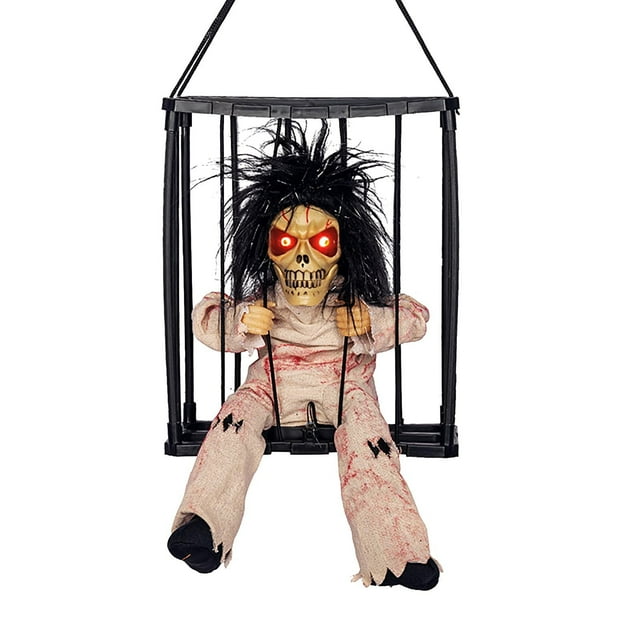 Animated Halloween Decorations Hanging Cage With Motion Sensor Light Up Prisoner Prop For Indoor Outdoor Party 10.82X8.93X4.15 Inches Spooky Sound Effects 1.08 Lbs