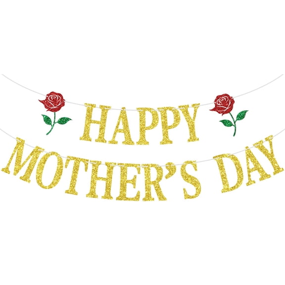 Happy Mother's Day Banner, Mom's Day Bunting Sign, Best Mom Ever, Mothers Day/Birthday Party Decorations Supplies, Gold Glitter