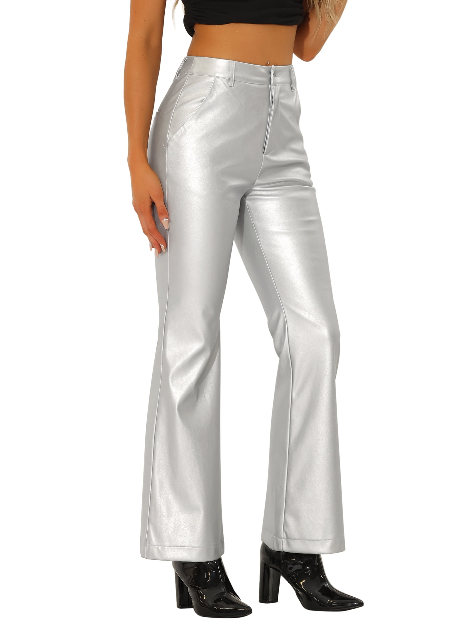 INSPIRE CHIC Faux Leather Casual Pant for Women's High Waist Bell Bottom Flared Long PU Trouser M Silver