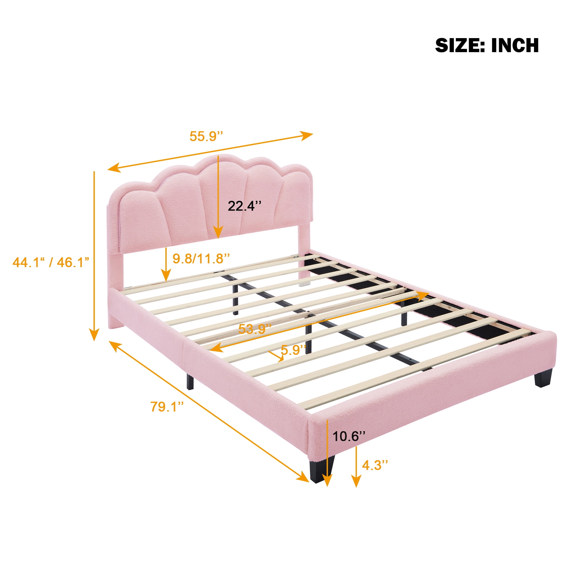 Euroco Upholstery Full Size Platform Bed with Flower-Shaped Headboard and LED Light for Kids Bedroom