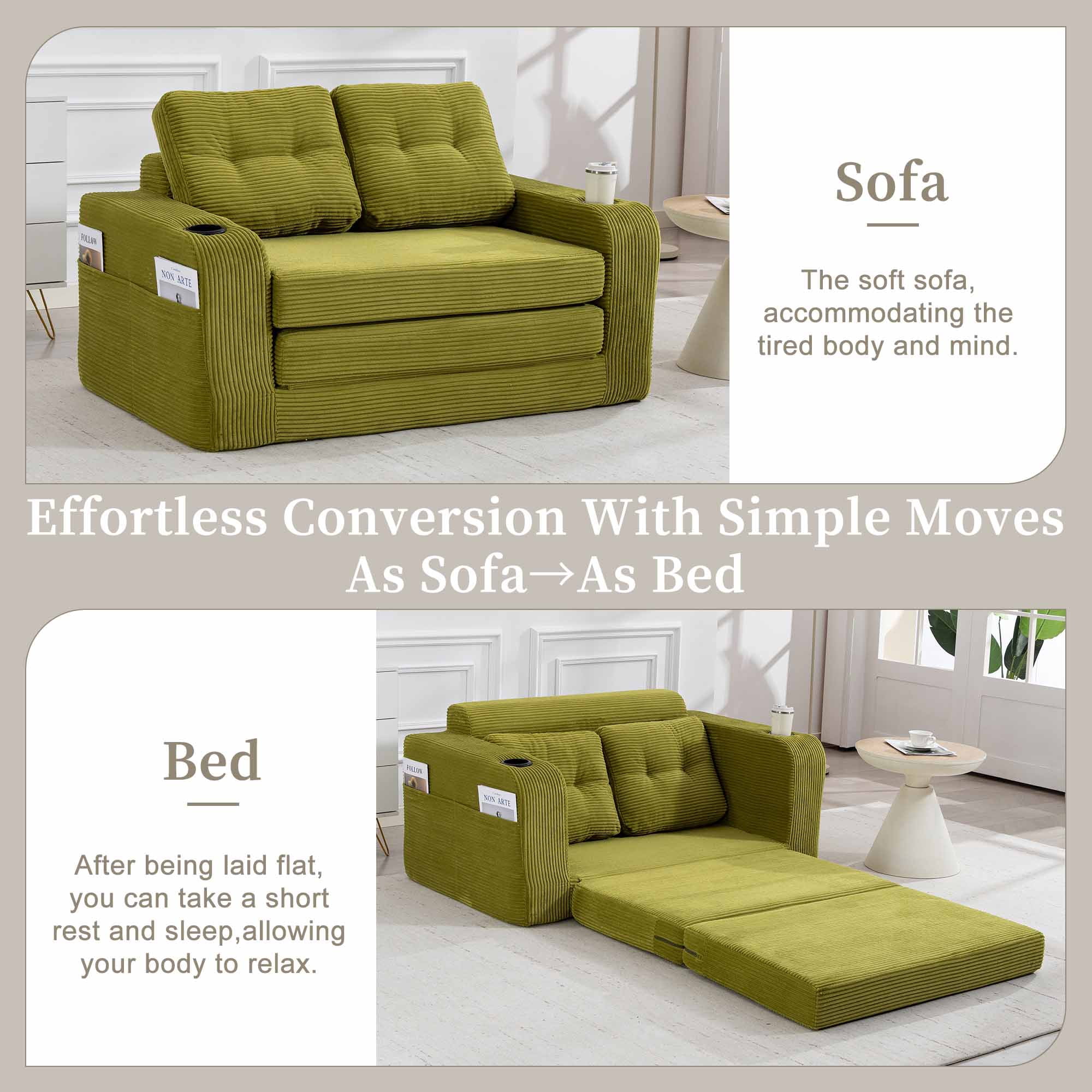 Lunale 54" Convertible Sofa Bed, Small Boneless Cloud Couch with Cup Holders, No Assembly Required, Corduroy Floor Sleeper Sofa, Green