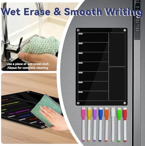 Acrylic Meal Planner Magnetic Menu Board for Kitchen Fridge,Magnetic Black Weekly Calendar Planner Board Refrigerator Dry Erase Board to Do Chore Chart,Grocery/Shopping List,12"x8"$$Office