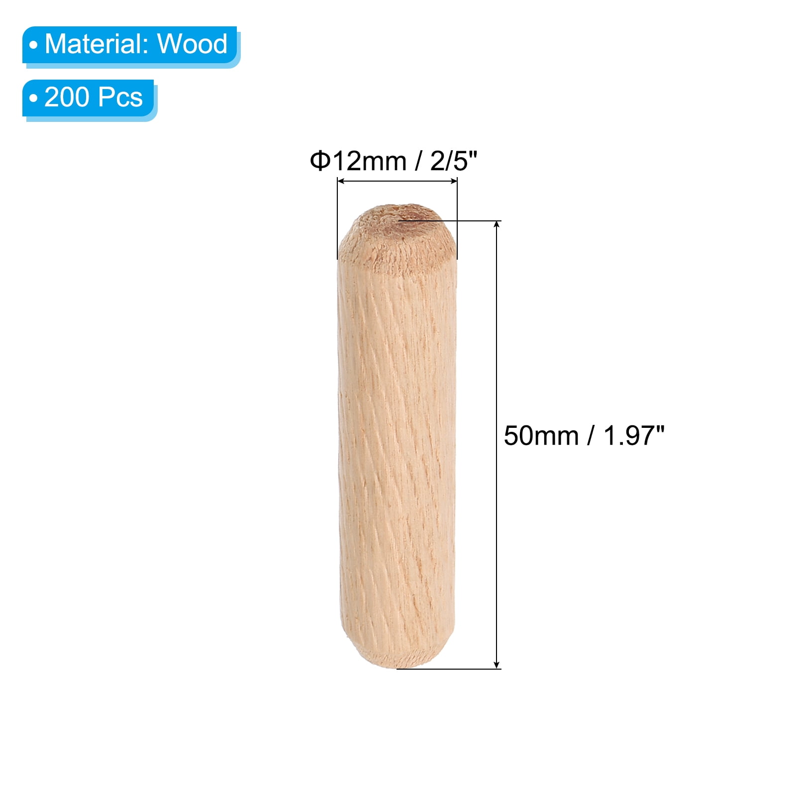 Uxcell 1/2 Wooden Dowel Pins, 200 Pcs M12x50mm Wood Dowel Pins Hardwood Pegs Fluted Groove Easy Insertion for Craft Furniture