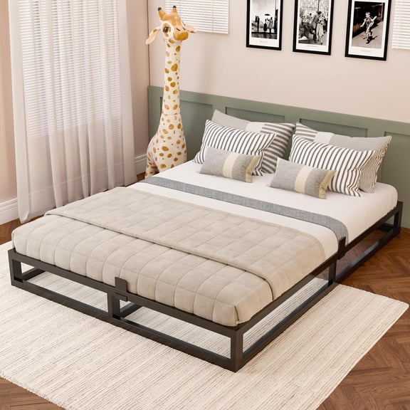 Queen Bed Frame with Steel Slat Support, Low Profile Metal Platform Bed Frame Support Mattress Foundation, No Box Spring Needed, Easy Assembly, Noise Free