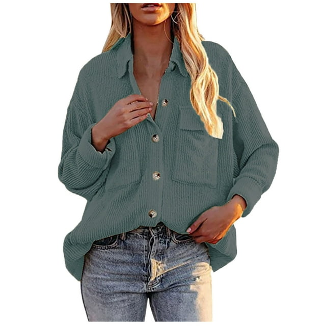 LOVZFMLL Vestes pour Femmes Cardigan en Velours Côtelé à Boutons Manches Longues Col Rabattu Chemise Ample Rembourrée avec Poche