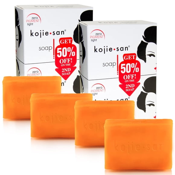 Jabón iluminador de la piel Kojie San - Jabón en barra original quitamanchas de ácido kójico con aceite de coco y árbol de té - 135 g x 4 barras