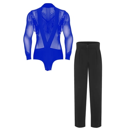 renvena Men s V Neck Sequin Tassel Latin Dance Leotard with High Waist Straight Leg Pants Ballroom Dancewear Blue M