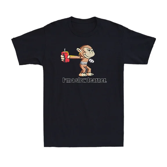 Slow Learner Monkey Humor Retro Cute Cartoon Inspired Graphic Unisex T-Shirt, up to size 5XL