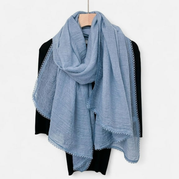 Women's Lightweight Crinkled Wrap Scarf with Delicate Lace Trim Edges - Blue