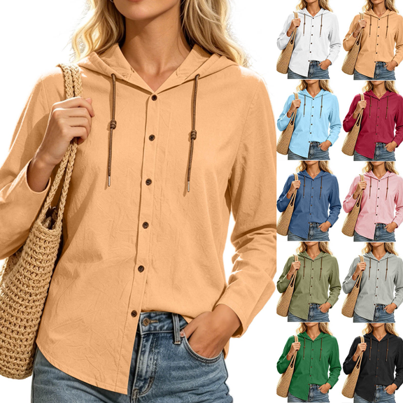 Zeijnsda Womens Hooded Coats Women's Thin Comfy Loose Hooded Cardigan Solid Color Cotton Linen Daily Outings Hoodies Fashion Button Long Sleeved Shirts