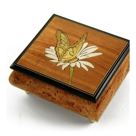 Rose Remembrance Box - Gorgeous Natural Wood Tone Butterfly and Daisy Inlay Music Box - American Dream, The