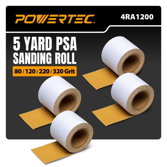 POWERTEC PSA Sandpaper Roll Set, 2-3/4" x 20 Yards (80/120/220/320 Grit, 5 Yards Each), Adhesive Backed Longboard Sanding Roll for Woodworking, Automotive, Air File & Hand Sanding Blocks (4RA1200)