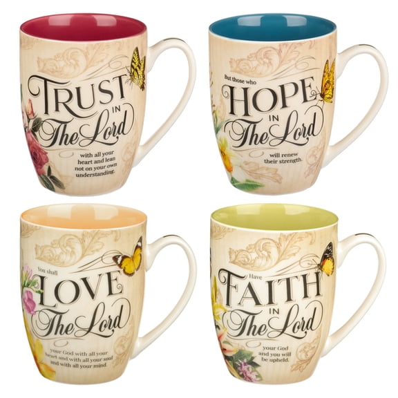 Christian Art Gifts Floral Ceramic Coffee and Tea Mug Set: Hope, Trust, Faith, Love Novelty Mug Set with Scripture - Set, (Hardcover)