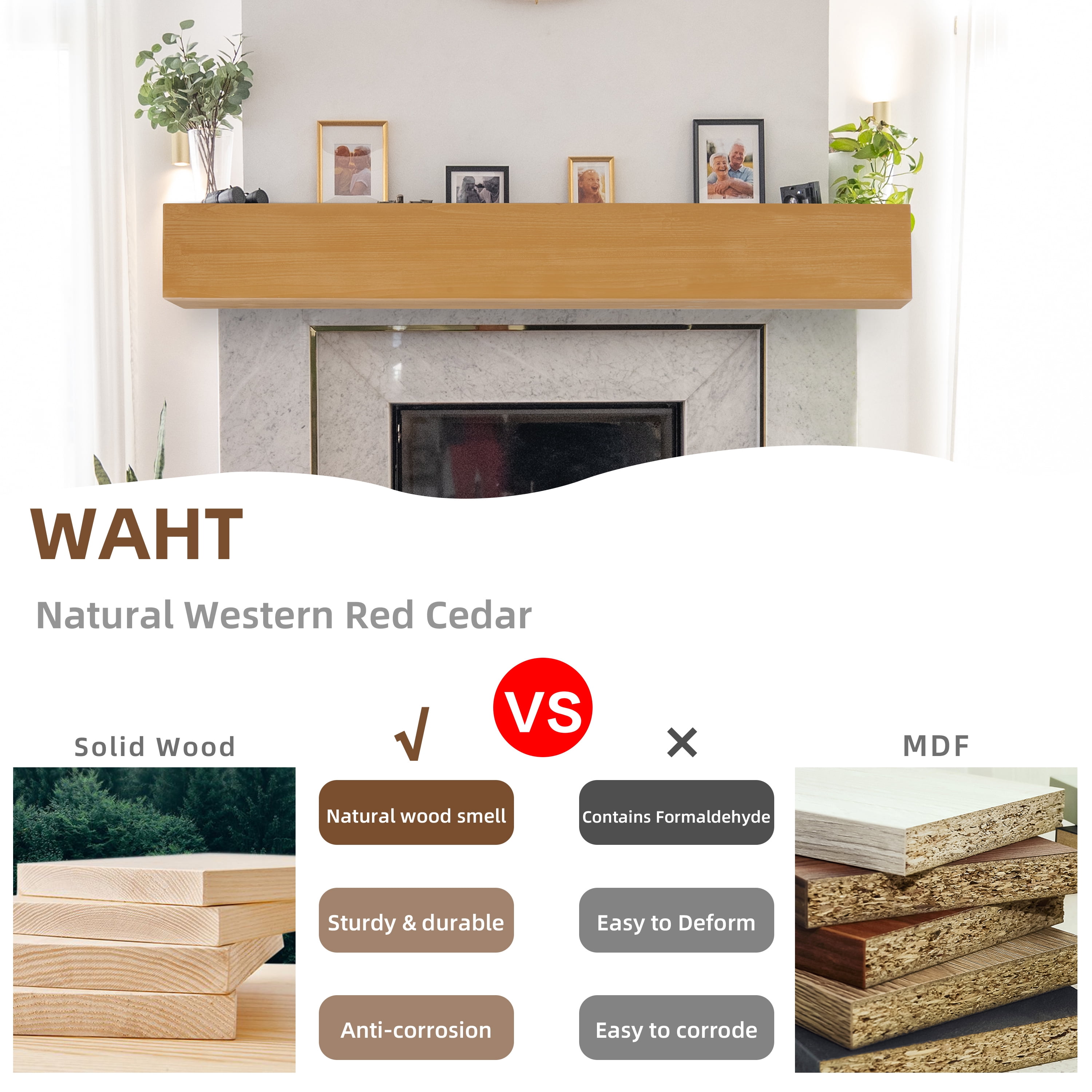 48" Rustic Wood Fireplace Mantel | Wall-Mounted & Floating Shelf for Home Decor