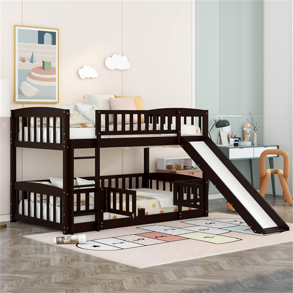 Low Floor Bunk Bed with Slide, Twin Over Twin Bunk Bed Frame with Fence