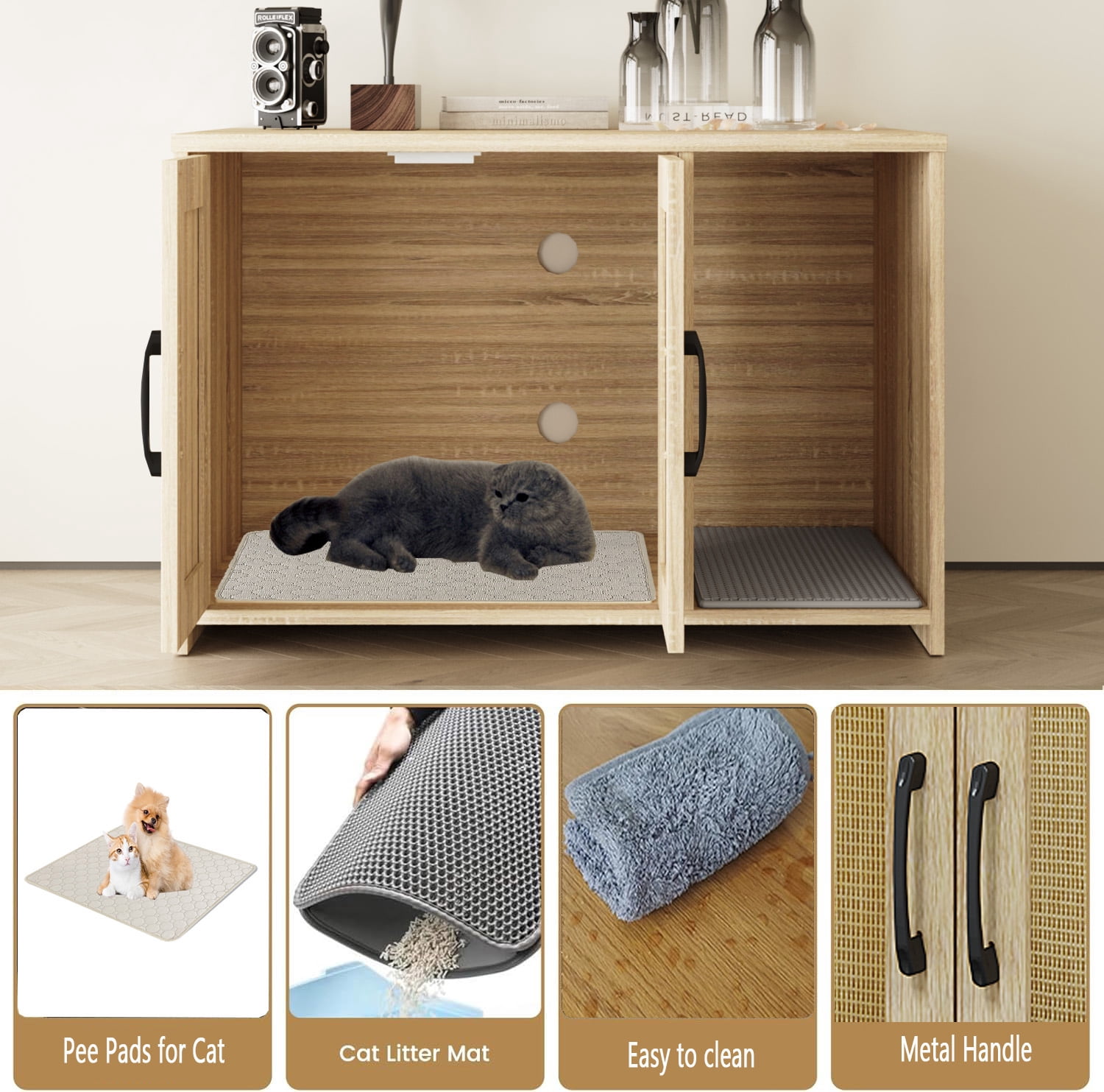 Cat Litter Box Enclosure, Hidden Litter Box Furniture with Divider, Indoor Cat House, Wooden pet house side table, for Living Room, Bedroom
