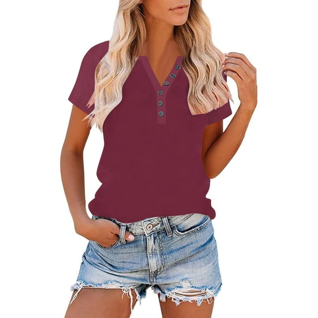 HongQid Womens V Neck Basic Tops Color Block Tunic T Shirts Summer Short Sleeve Casual Henley Cotton Tees Shirts