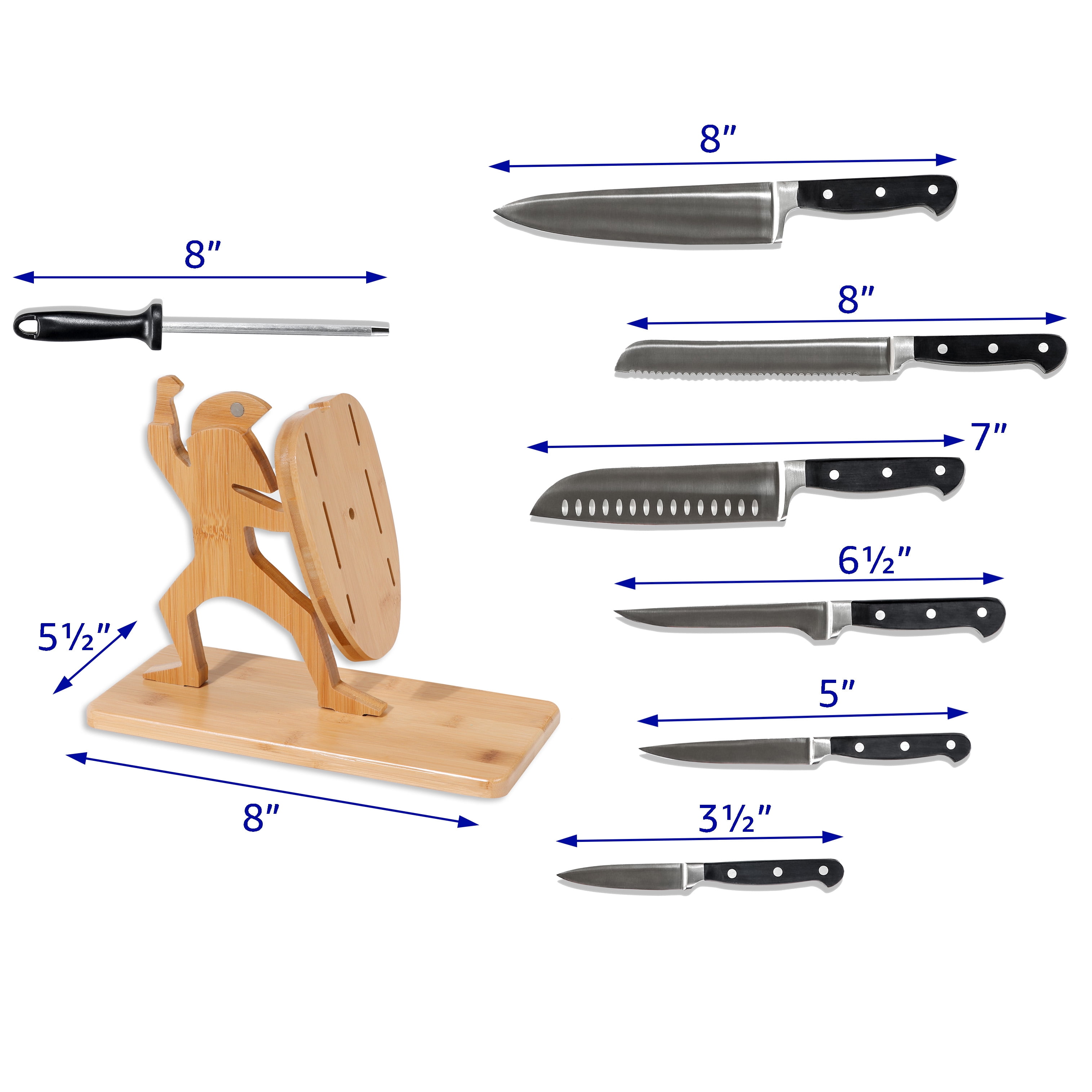 Spartan Warrior Pine Wood Knife Block Holder with 6 Knives and Sharpener