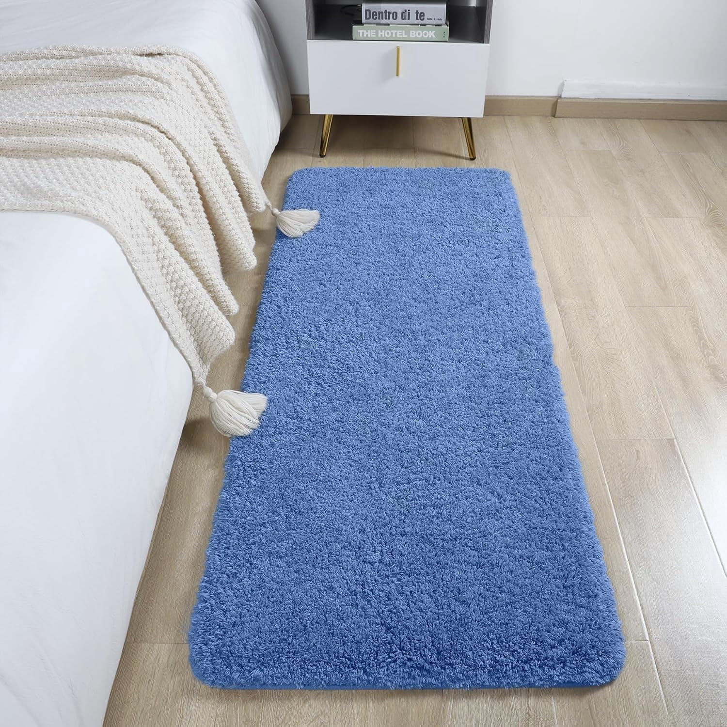 Luxury Long Bathroom Runner Rug, 24x72 Inch Thick Soft and Absorbent Non Slip Bath Mat, Rubber Backing Quick Dry Rugs Carpets, Machine Washable Plush Mats for Shower Floor, Blue
