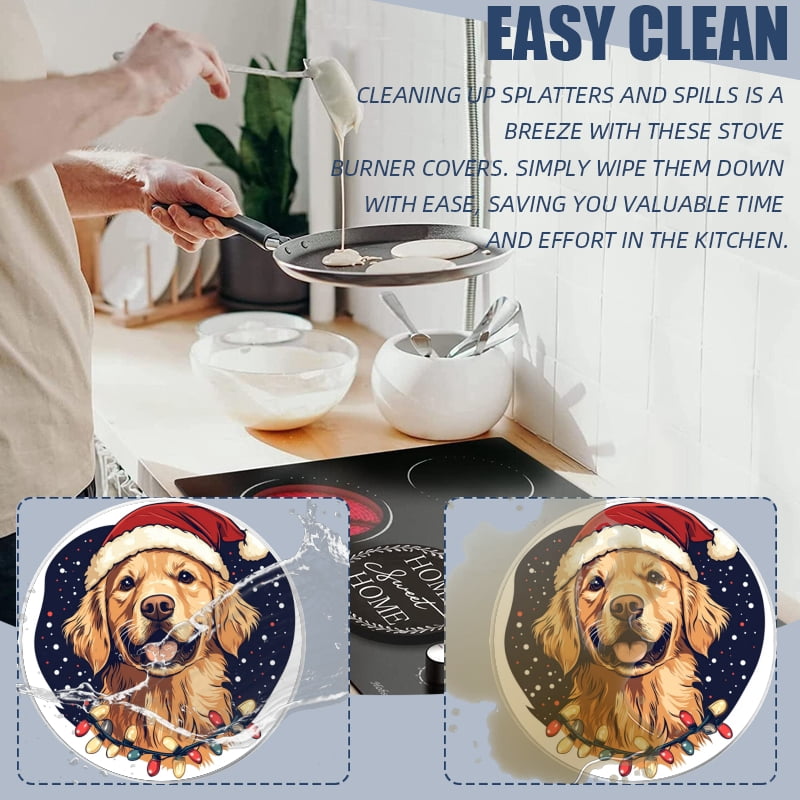 Christmas Stove Burner Covers for Electric Stove, Christmas Golden Retriever Dog in Santa Hat Xmas Decor 4 Pack Round Oven Burner Covers for Kitchen Xmas Holiday, 8 Inches and 10 Inches